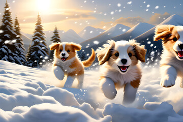 The scene of small puppies leaping around on a snowy field as snow falls. Generative AI - obrazy, fototapety, plakaty