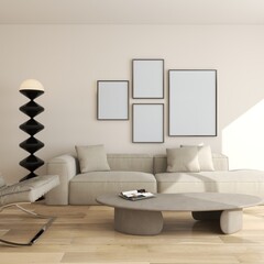 Mockup de quatre cadres dans un salon minimaliste et sobre. 4 posters vides avec canapé beige, cadres verticaux. Illustration 3D
