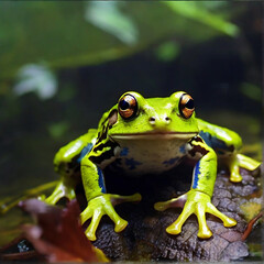 Fototapeta premium A frog sits on a leaf in water
