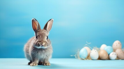Lovely fluffy Easter bunny rabbit with decorated painted eggs on blue background. Happy Easter holiday. Copy space.