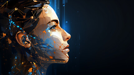 AI and neural network working illustration, An illustration of cubism style people's expressions, A humanoid cyber girl with a neural network., AI-generated