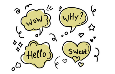 Balloon text frame decoration set. Simple hand drawn pen line speech bubble, cloud, balloon frame for text border. Doodle elegant dialog bubble, title headline. Vector illustration