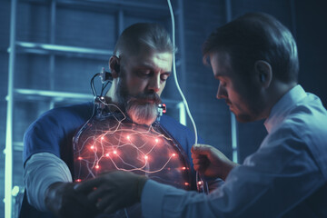 Nurse puts electrodes on man patient to do electrocardiogram 