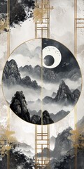Abstract Geometric Minimalist Design Chinese Landscape Background - Inkcore Paper Mysterious Core with Snow Mist Mountain Large Area of Ivory White created with Generative AI Technology