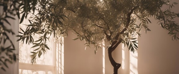 Neutral pastel beige wall adorned with olive tree branches. silhouette concept