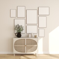 8 frames mockup, gallery wall art set. Empty posters on beige wall with canework console, boho design. 3D illustration - obrazy, fototapety, plakaty