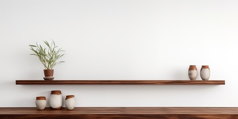 Wooden shelves and white wall backdrop for displaying products.