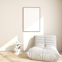 interior mockup with frame on white wall. Empty poster with togo sofa and marble side table, modern design. 3D illustration