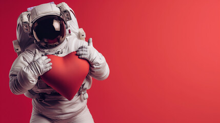 Fototapeta na wymiar Valentine's Day in Outer Space. An astronaut cradling a heart represents the boundless reach of love on this special day