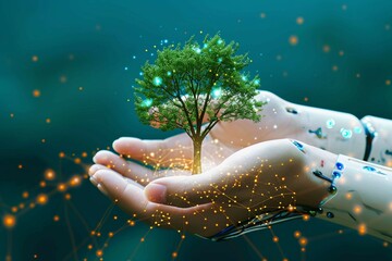 Eco tech alliance Tree in human hand and robotic hands symbolizes unity - obrazy, fototapety, plakaty