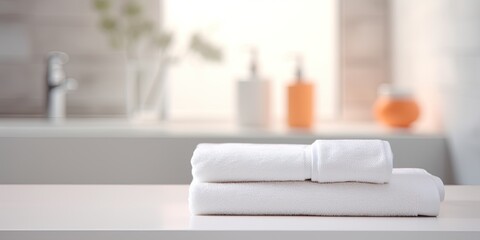 Product display montage with white table, blurred bathroom background, and copy space for towels.