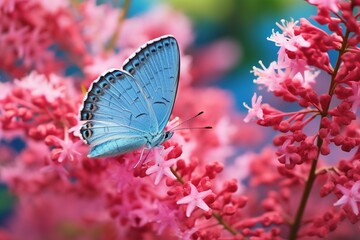 Beautiful blue butterfly on a pink flower illustration.