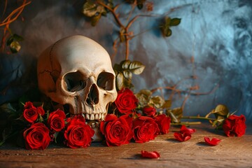 Romantic paradox Red roses and skull juxtaposed on rustic background - obrazy, fototapety, plakaty