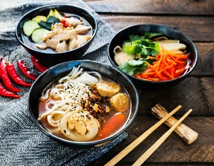 Bowls of Asian soup noodles and vegetables with Chopstick 