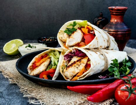 Mexican fajita wraps with grilled chicken fillet and fresh vegetables