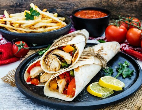 Mexican fajita wraps with grilled chicken fillet and fresh vegetables