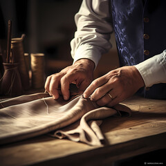 Close-up of a tailors hands working with fabric. 