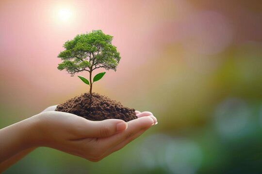 Photo Nature embrace Human hand holds tree, celebrating World Environment Day