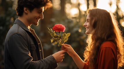 Guy give a bouquet of flower to a girl on Valentine's Day