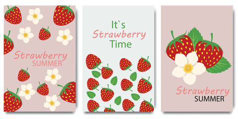 Struwberry summer. Creative summer concept with strawberry. Summer design for social media posts, cards, brochures, flyers, and advertising poster templates. Vector illustration.
