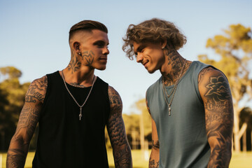 Two young romantic male LGBT gay with tattoo in love in a park. LGBTQ Lifestyle Concept - obrazy, fototapety, plakaty