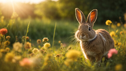 Fototapeta premium Cute rabbit on green lawn with daisies at sunset bunny on walk