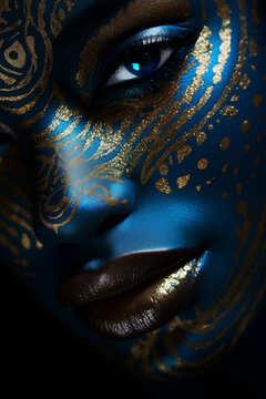 Mode und Hoher Kontrast, Gesicht einer afrikanischen Frau, gletscherblaue Augen, schillerndes, starkes Make-up, Wimpern, fraktale Muster, sorgfältige Details, dramatische Beleuchtung