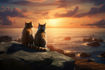 Two romantic cats in love watching the sunset on the sea. Concept of Valentines Day