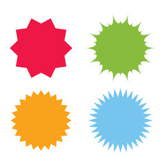 Set of vector starburst, sunburst badges. Different color. Simple flat style Vintage labels. Colored stickers. 66.11.