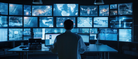A vigilant analyst monitors a wall of surveillance screens displaying various live feeds, poised in a darkened control room, the epitome of modern surveillance - obrazy, fototapety, plakaty