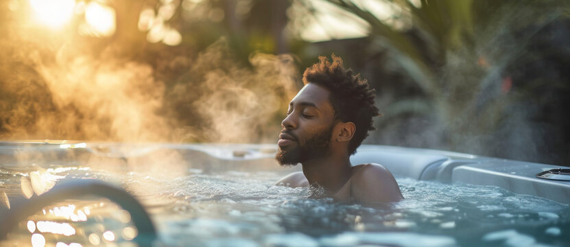 Amidst the warm embrace of a hot tub, a man relaxes, his face graced with contentment as the sun sets, casting a golden glow