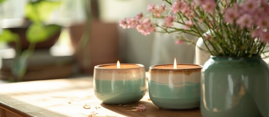 Home fragrances with flower scents for relaxation and calm, in an unbranded ceramic candle.