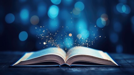Magic book with open pages and abstract bokeh lights glowing on blue background - literature and...