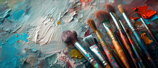 A vibrant tableau of creativity: paintbrushes lie scattered across a canvas awash with strokes of...