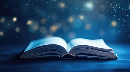 Magic book with open pages and abstract bokeh lights glowing on blue background - literature and...