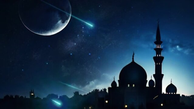 Starry sky. Magic night in the East. Fairytale Arabic landscape with traditional mud houses and ancient temple or Mosque. Muslim Cityscape.