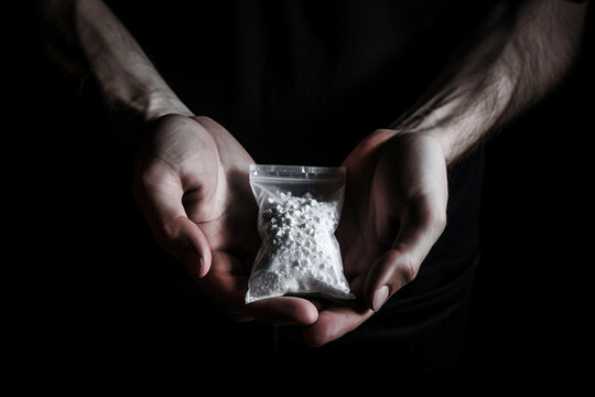 Packet with white narcotic in hand on black background, monochrome 