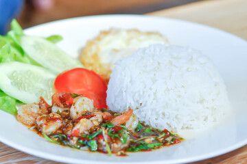 stir fried shrimp with holy basil and sunny side up egg or fried egg