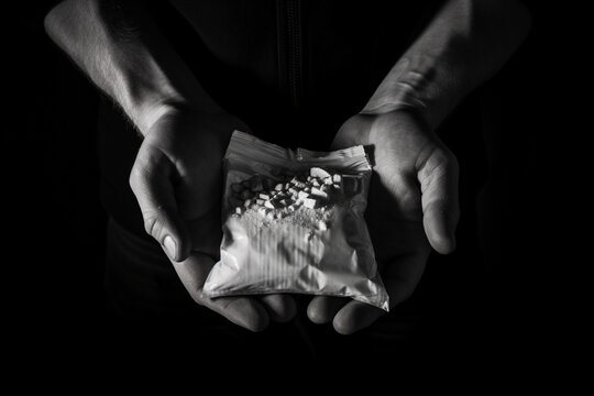 Packet with white narcotic in hand on black background, monochrome 