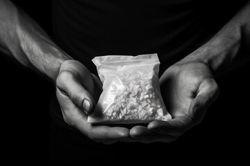 Packet with white narcotic in hand on black background, monochrome  - obrazy, fototapety, plakaty