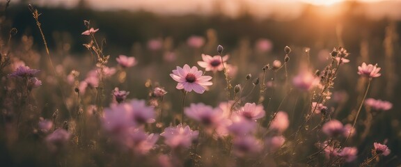 Soft Pink Wildflowers Basking in Golden Light
