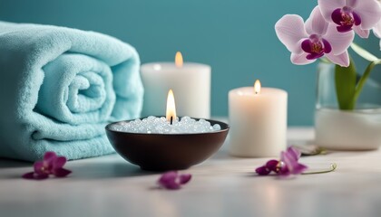 Obraz na płótnie Canvas Spa salon light blue composition in wellness center. Spa still life background with aromatic candle