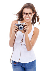 Photographer, happy woman or retro camera in studio for creative photoshoot, art blog or media production on white background. Excited journalist, photography or content creator of paparazzi magazine