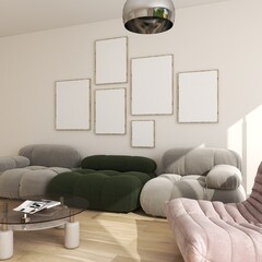 6 frames mockup in colorful retro living room. Six empty posters on white wall, interior design. 3D illustration