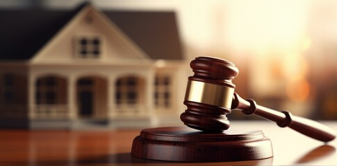 Auction wooden gavel with real estate property house. Property auction background concept.