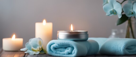 Spa salon light blue composition in wellness center. Spa still life background with aromatic candle