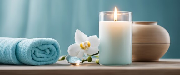 Spa salon light blue composition in wellness center. Spa still life background with aromatic candle