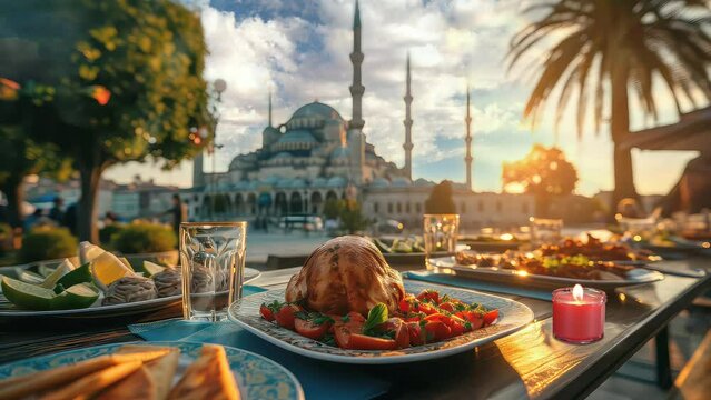 Delicious food for breaking the ramadan fast on a table in the mosque courtyard at evening. seamless timelapse looping 4k video animation background. generated with ai