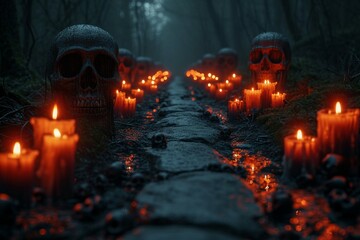 Eerie ambiance Skulls line a forest path, candles casting shadows