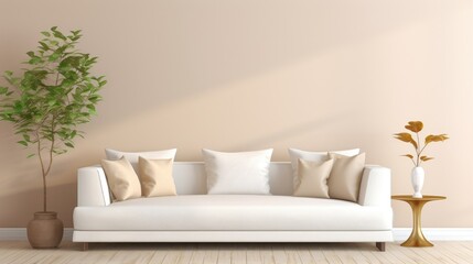 Fototapeta na wymiar A coastal cozy living room with soft white sofa. Living room home interior design with soft beige wall background.